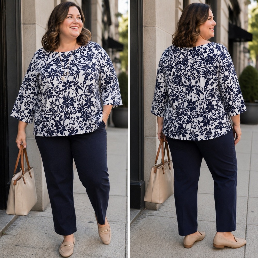 Talbots Pintuck Pleat Shoulder Blouse, Women's 2X, Navy/White, Excellent
